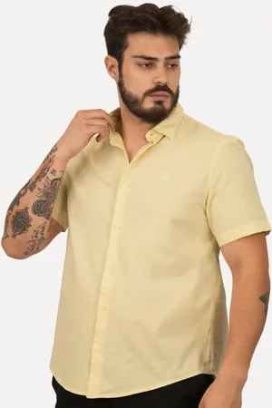 John John Camisa Masculina Regular Manga Curta Marc Linen Blend Amarela