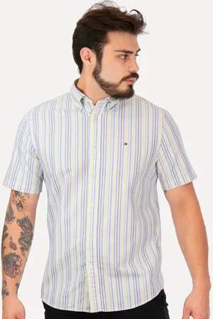 Tommy Hilfiger Camisa Masculina Manga Curta Regular Oxford Multi Stripes Amarela