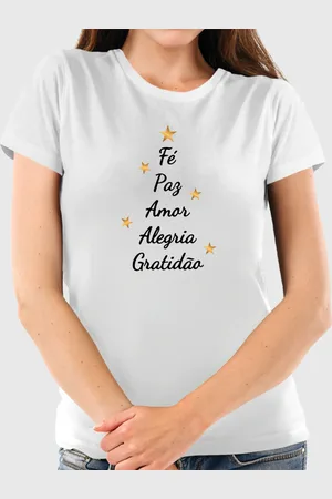 Benellys Camiseta Feminina Branca Estampa Feliz Natal, Fé, Paz, Gratidão Algodão Premium