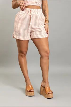 Lemier Jeans Shorts Mom Feminino Listrado Cintura Alta Lemier Collection