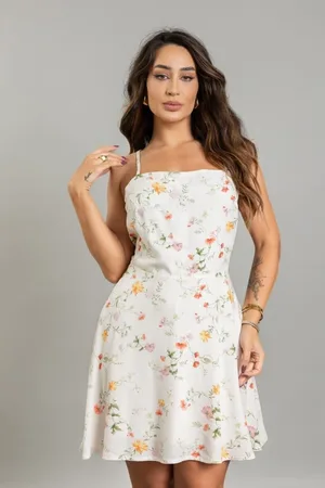 Dialogo Jeans Vestido Curto Camponesa Com Zíper e Alça Feminina Dialogo