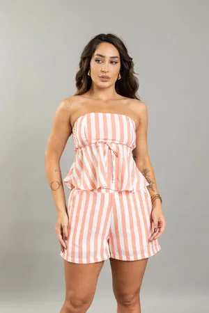 Lemier Jeans Blusa Listrada Sem Alças Com Zíper Feminina Dialogo