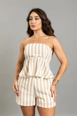 Lemier Jeans Blusa Listrada Sem Alças Com Zíper Feminina Dialogo