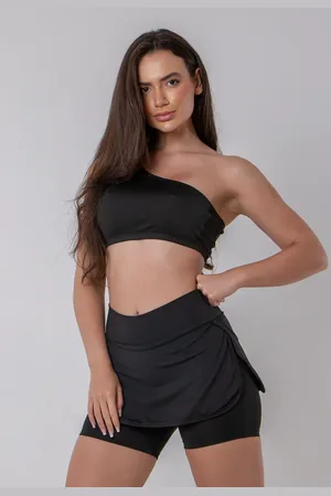 4 Estações Conjunto Short Saia Legging Suplex Liso+Top Um Ombro Treino