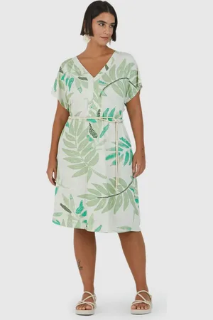 Malwee Plus Vestido Feminino Plus Size Folhagem Com Cinto De Cordão Em Viscose Stretch