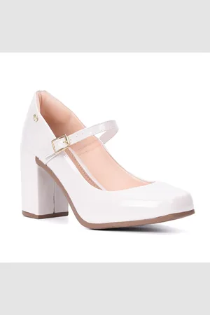 Domidona Sandália Feminina Mary Jane Em Verniz Salto Alto Grosso Moda Off White