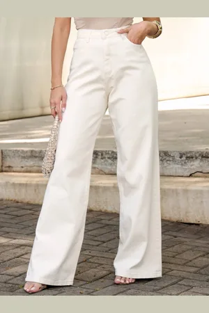 Crawling Calça Wide Leg Sarja Off White Cintura Alta