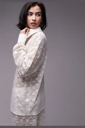 Topshop Camisa Renda Reta Vazada Off-White