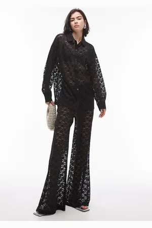 Topshop Camisa Renda Reta Vazada Preta