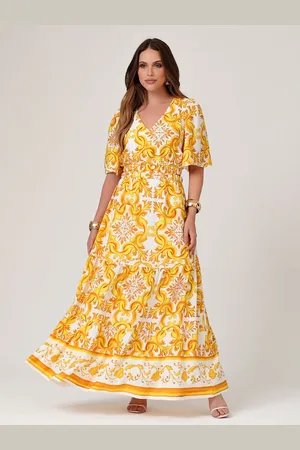 Mamorena Vestido Longo de Manga em Viscose Estampada Exclusiva com Decote V nas Costas e Abertura na Cintura