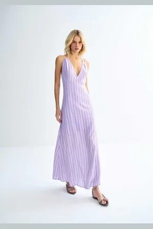 LEZ A LEZ Vestido Midi Listrado em Viscose com Recorte Costas