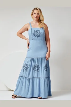 Mamorena Vestido Longo de Alça Dupla em Viscose Sarjada com Detalhe de Bordado