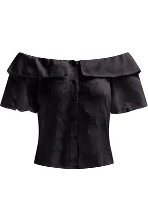 LEZ A LEZ Blusa Ombro a Ombro em Cotton Poá com Babados