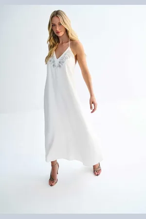 LEZ A LEZ Vestido Midi Alongado com Bordado Decote