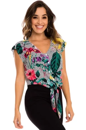 Razon Blusa Feminina Listrada Com Botões E Laço