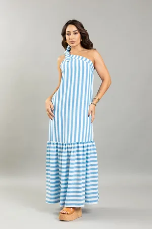 LEMIER Vestido Alça Única Feminino Longo Listrado