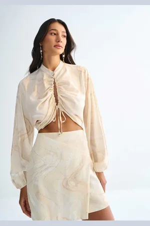LEZ A LEZ Saia Curta em Linho Sobreposta Estampada com Strass