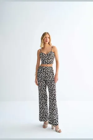 LEZ A LEZ Calça Reta Cintura Alta em Linho Animal Print com Cinto