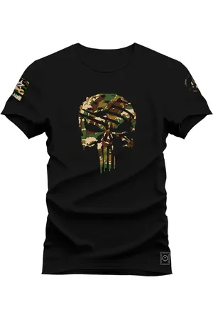 Nexstar Camiseta Estampada Confortável Algodão Caveira Militare
