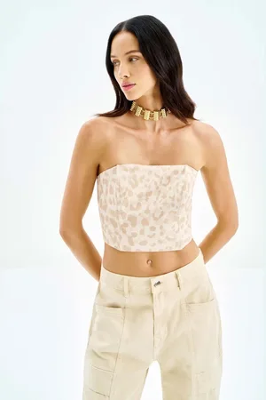 LEZ A LEZ Blusa em Linho Estampada Sem Alças