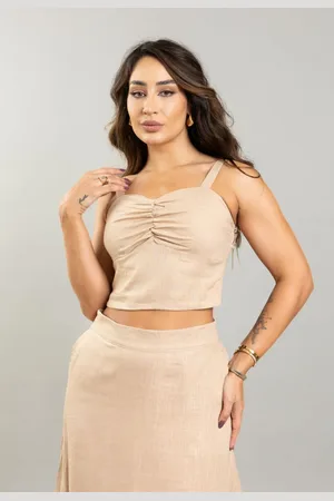 Dialogo Jeans Blusa Cropped Feminina com Alças Ajustáveis em Linho Dialogo