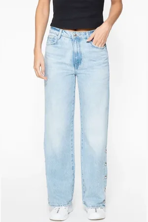 Guess Calça Jeans Wide Leg Eco Fenda Botões Azul Claro
