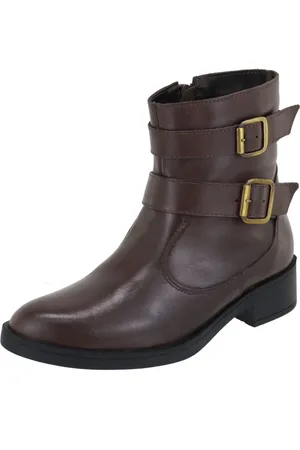 KUENTO SHOES Bota em Couro Cano Curto Feminina Fivelas Chocolate