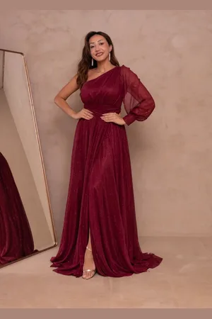 Cia do Vestido Vestido Longo de Festa uma Manga com Brilho com Fenda Teny Marsala