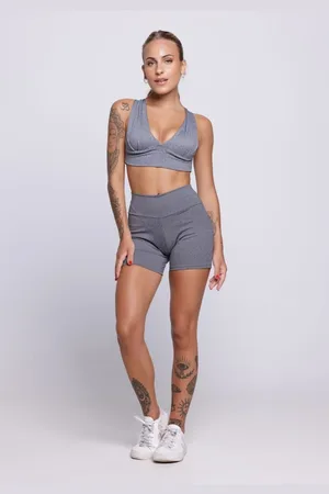 VEKYO Conjunto Top Bojo e Short Fitness Suplex Cintura Alta Alça Academia