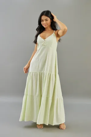 Dialogo Jeans Vestido Longo com Estampa Poá Feminino Listrado com Alças Dialogo Verde