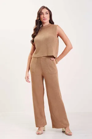 Marialicia Calça Feminina Pantalona Com Bolsos Tricô