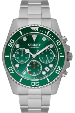 Orient Relógio de Pulso Masculino Solartech Correia Prata Bisel Verde MBSSC272 E1SX Coleção Exclusiva Prata