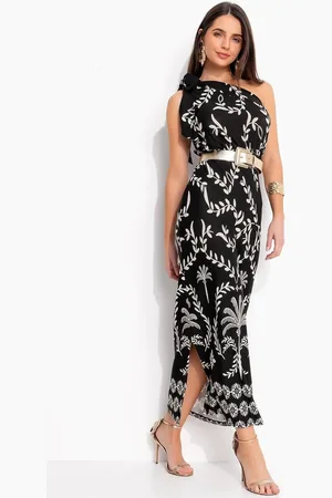 QUINTESS Vestido Em Malha De Viscose Barrado Coqueiros
