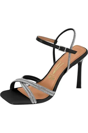 Santa Rosa Sandália Feminina Salto Fino Alta Conforto Preta Strass Prata