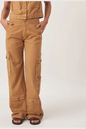 Bloom Calça Jeans Color Wide Leg Cintura Alta Múltiplos Bolsos Caqui Chique