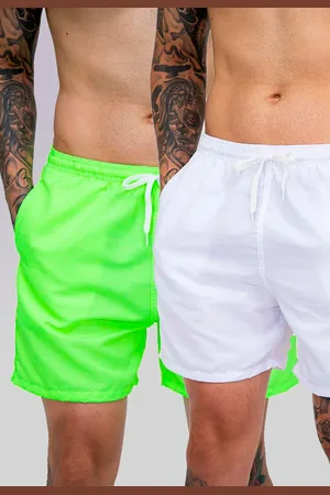 Mooboots Kit 2 Shorts Tactel Premium Bermudas Moda Praia tectel Branco e Verde neon