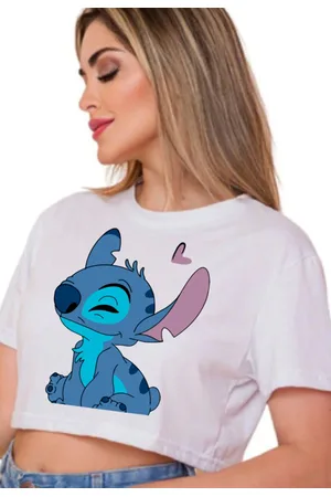 Mooboots Camiseta Cropped Liso Blusa Reta Branca Estampa Stitch