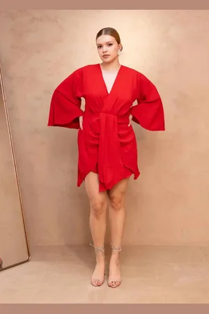 Cia do Vestido Vestido Macaquinho Manga Longa Transpasse Crepe Geórgia
