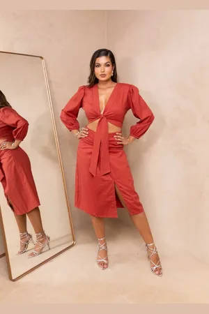 Cia do Vestido Conjunto Cropped Manga 3/4 e Saia Midi Linho Améllite marsala
