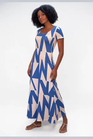 Amazonia Vital Vestido Longo Malha Gola Canoa Manga Curta Geométrico Blue