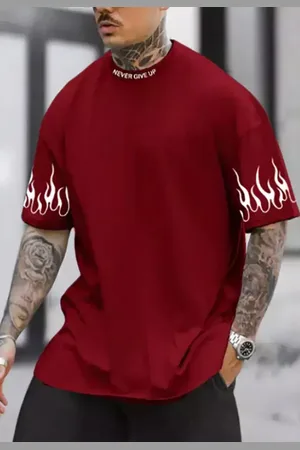 Mooboots Camiseta Grande Blusa Academia Fitness Masculino Oversized Camisa streetwear Over Vinho bordo marsala Estampada Never Give Up