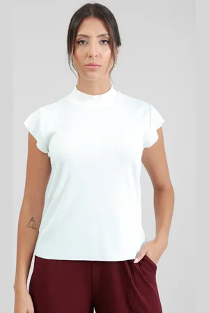 Pop Me Blusa Manga Curta Em Malha Canelada Gola Alta Off-White