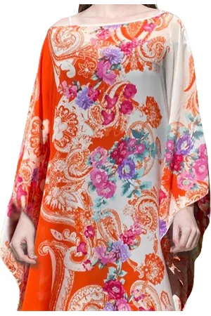 101 Resort Wear Saída Vestido Kaftan Amplo Crepe Semitransparente Estampado Lenço Laranja