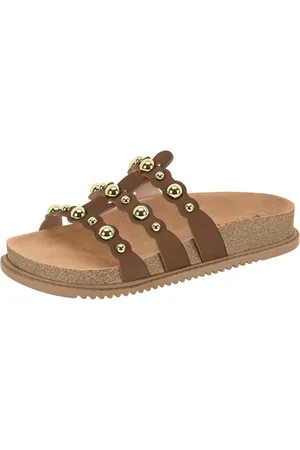 Santa Rosa Sandália Feminina Papete Flatform Nobuck Tachas Dourada