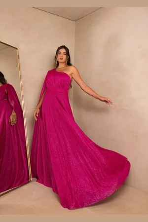Cia do Vestido Vestido Longo de Festa Madrinhas um Ombro com Brilho Abertura Sueli Fúcsia