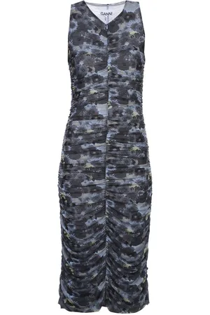 Ganni Vestido Printed Mesh Ruched Sleveless