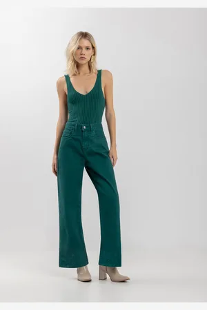 LEZ A LEZ Calça Wide Leg Em Sarja Com Cós Alto E Bordado Na Barra