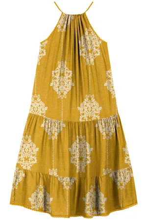 LEZ A LEZ Vestido Estampado Midi Chá Fluido Com Amarração Posterior
