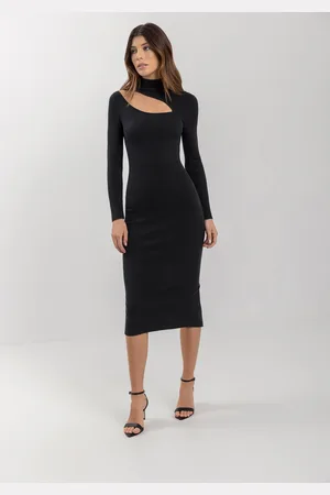 LEZ A LEZ Vestido Tricô Mangas Longas Midi Chá Com Recorte Frontal