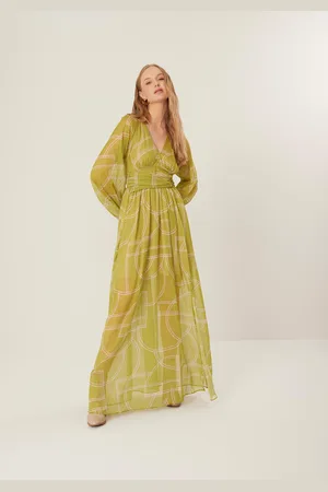 LEZ A LEZ Vestido Longo Estampado Com Mangas Amplas E Fenda Lateral